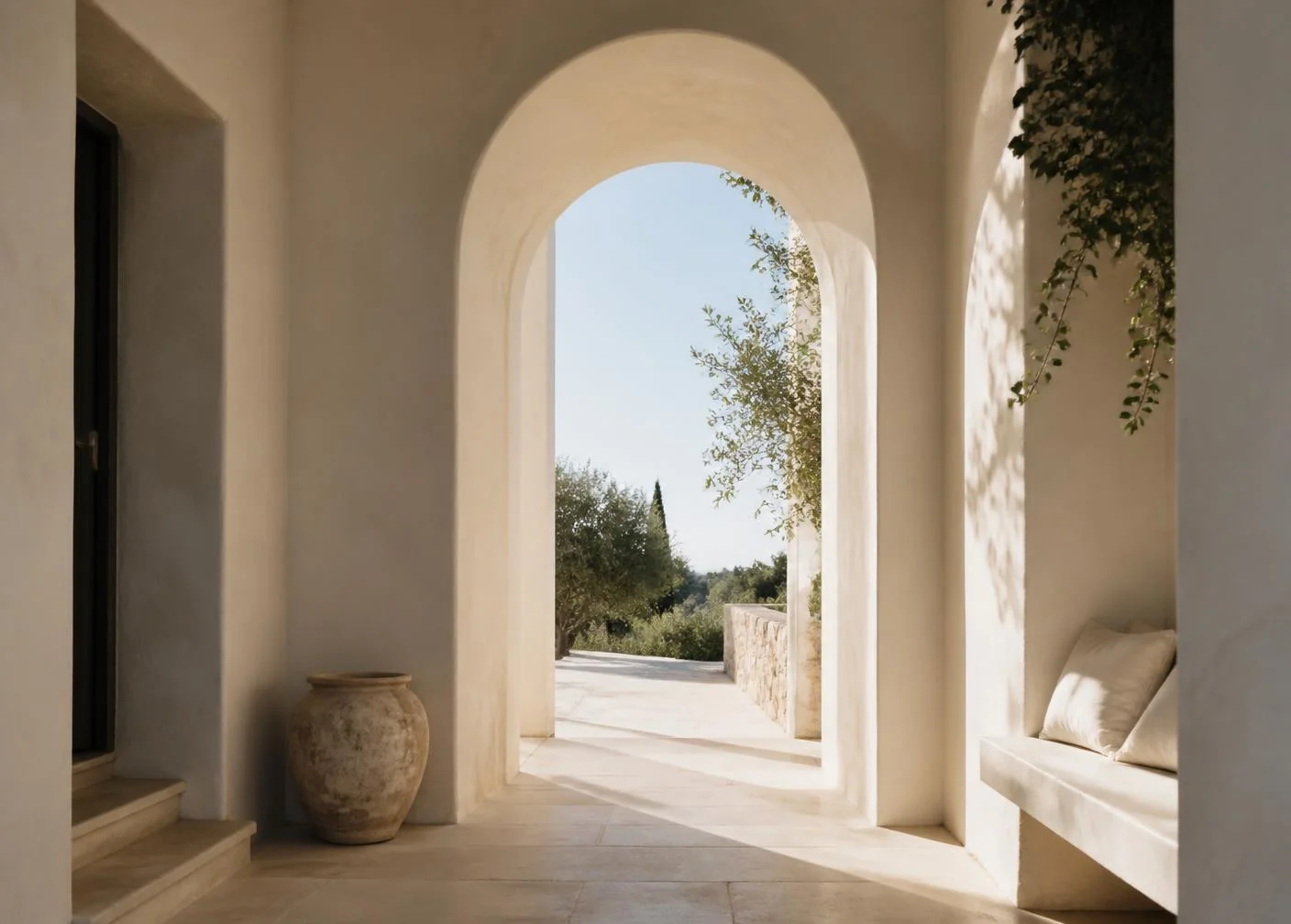 Sunlit stone archway opening onto an olive grove