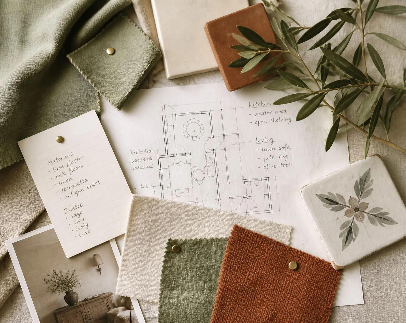 Design mood board with fabric swatches, olive branch and a hand-drawn floor plan