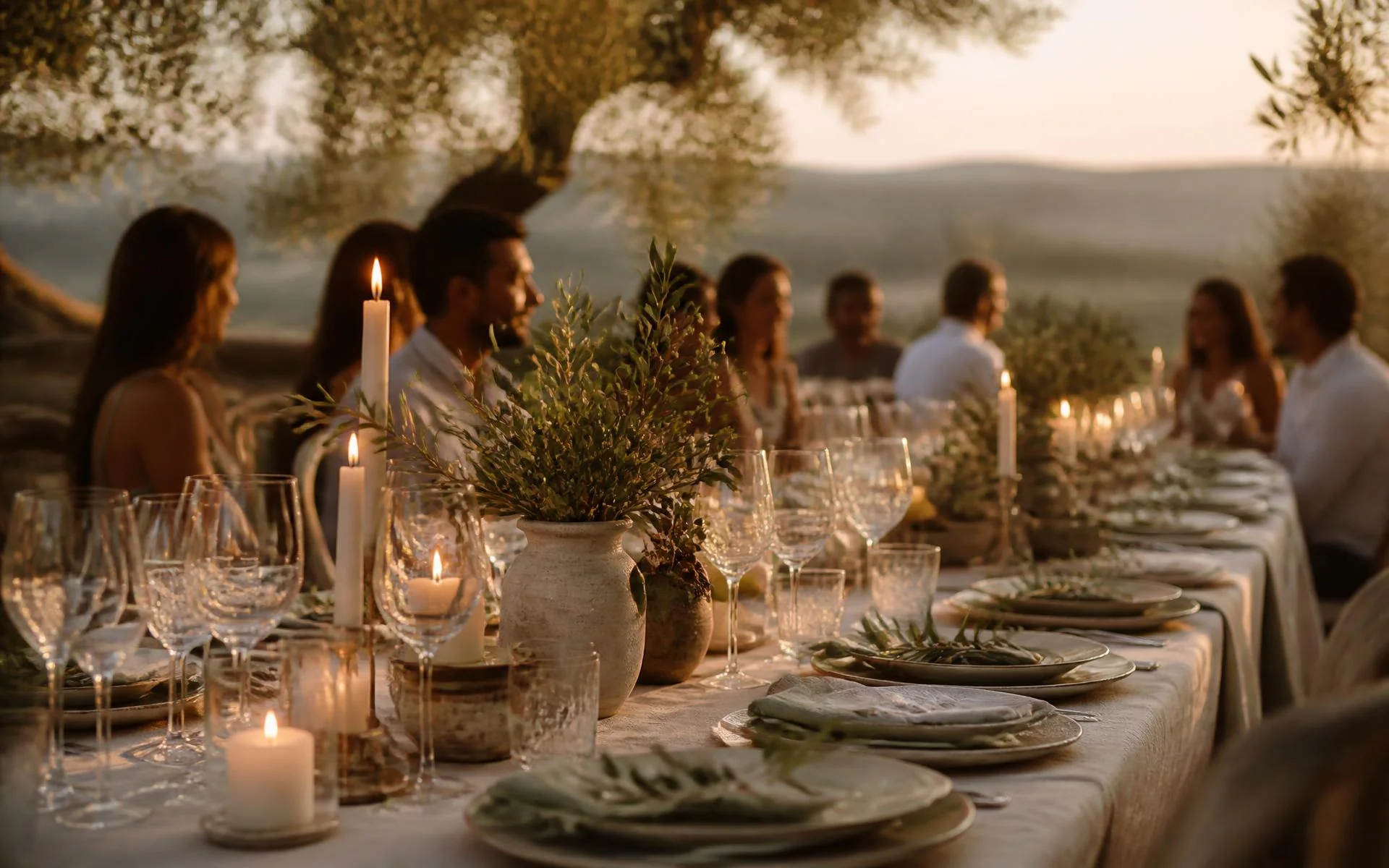 Guests gathered at a candlelit table beneath olive trees at golden hour