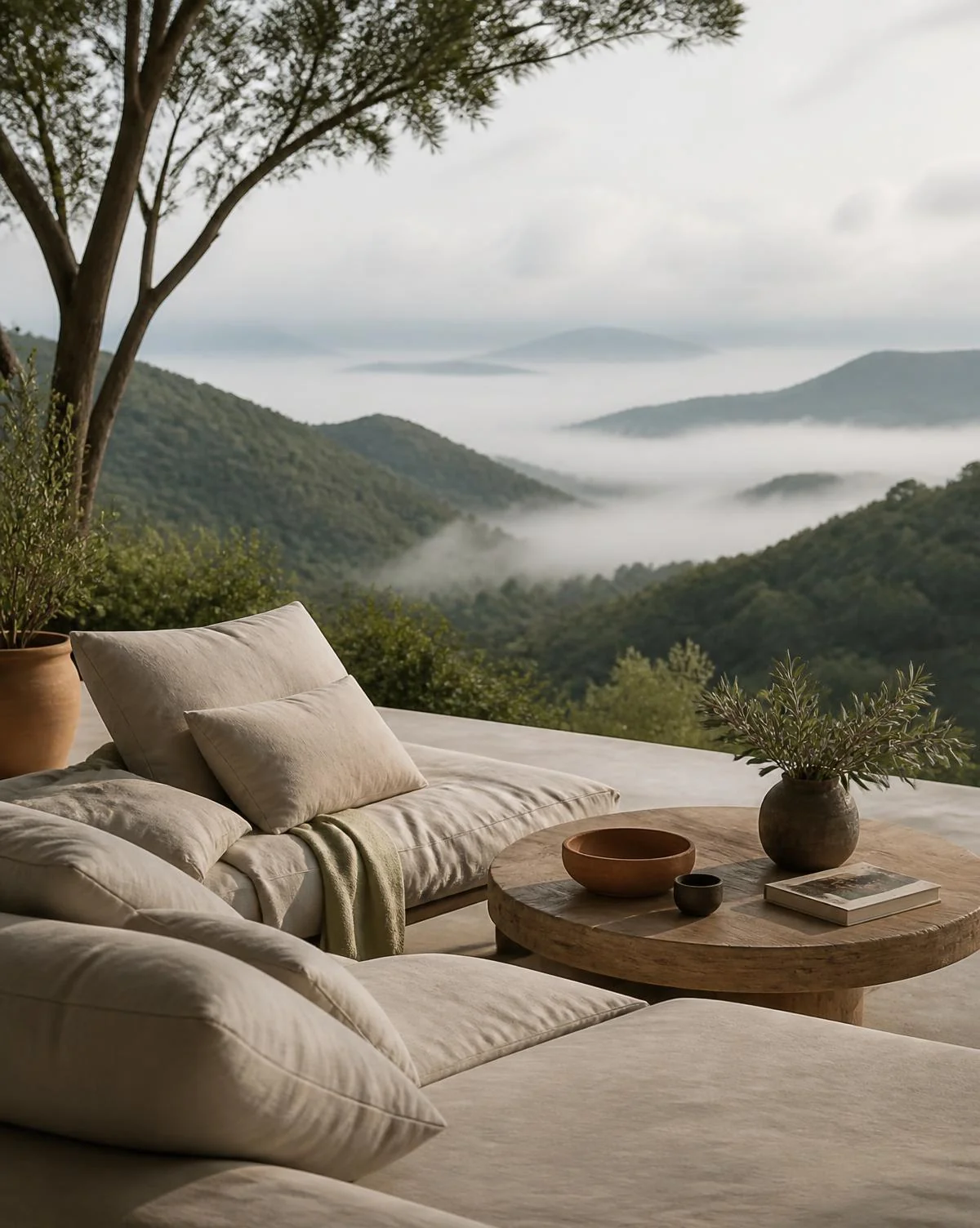 Linen lounge seating on a terrace overlooking misted green hills